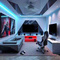 A stylish gamer room with a geometric theme, featuring sleek, angular furniture designs and sharp lines throughout