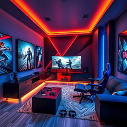 A stylish gamer room with a geometric theme, featuring sleek, angular furniture designs and sharp lines throughout