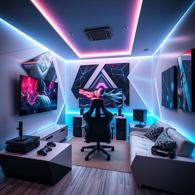 A stylish gamer room with a geometric theme, featuring sleek, angular furniture designs and sharp lines throughout