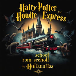 A magical poster in the style of Harry Potter, showcasing two central images: Hogwarts castle transitioning seamlessly into the Hogwarts Express train