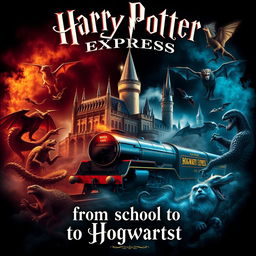 A magical poster in the style of Harry Potter, showcasing two central images: Hogwarts castle transitioning seamlessly into the Hogwarts Express train