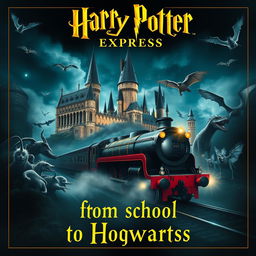 A magical poster in the style of Harry Potter, showcasing two central images: Hogwarts castle transitioning seamlessly into the Hogwarts Express train