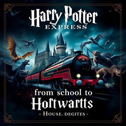 A magical poster in the style of Harry Potter, showcasing two central images: Hogwarts castle transitioning seamlessly into the Hogwarts Express train