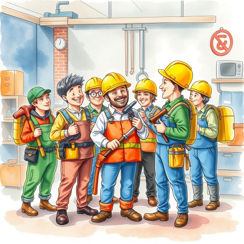 A whimsical group of workers dressed in costumes resembling various tools, such as hammers, keys, and screws