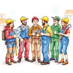 A whimsical group of workers dressed in costumes resembling various tools, such as hammers, keys, and screws