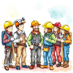 A whimsical group of workers dressed in costumes resembling various tools, such as hammers, keys, and screws