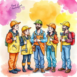 A whimsical group of workers dressed in costumes resembling various tools, such as hammers, keys, and screws