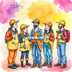 A whimsical group of workers dressed in costumes resembling various tools, such as hammers, keys, and screws