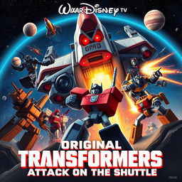 A Pixar Disney-style movie poster titled 'Original Death Boards of Transformers: 1986 Attack on the Shuttle'