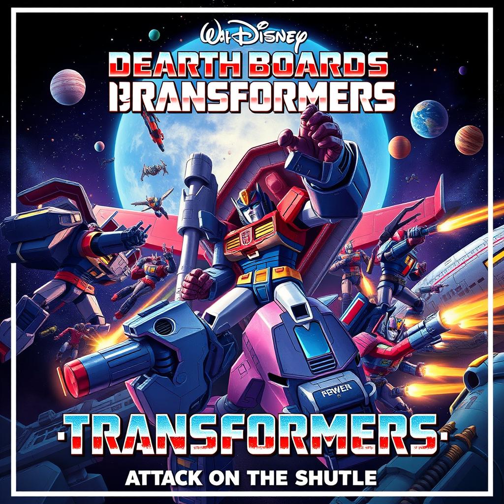 A Pixar Disney-style movie poster titled 'Original Death Boards of Transformers: 1986 Attack on the Shuttle'