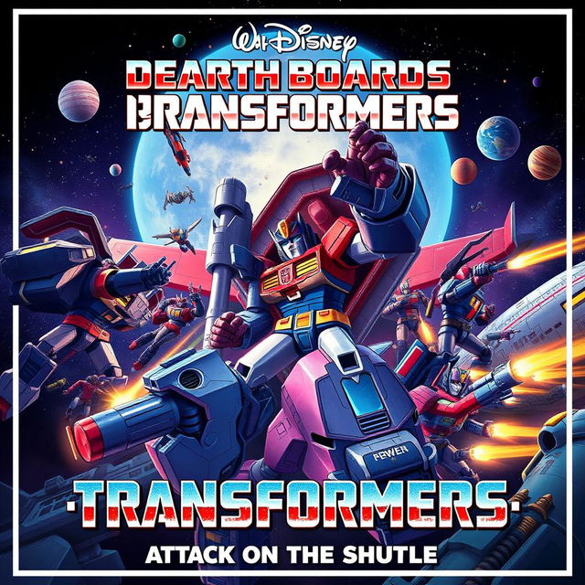 A Pixar Disney-style movie poster titled 'Original Death Boards of Transformers: 1986 Attack on the Shuttle'