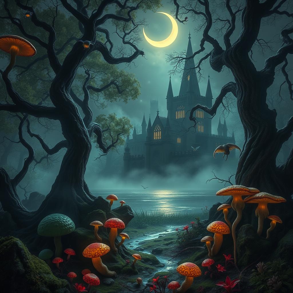 A fantastical landscape that merges elements of horror and fantasy