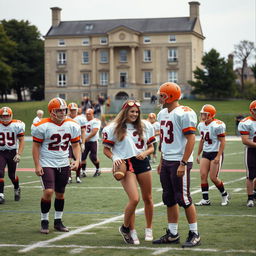 A scene set on the American football field at the University of Wales in 1991, featuring a mix of male and female players in vintage football gear