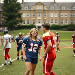 A scene set on the American football field at the University of Wales in 1991, featuring a mix of male and female players in vintage football gear