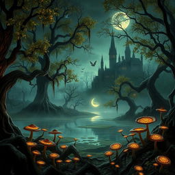 A fantastical landscape that merges elements of horror and fantasy