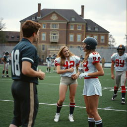 A scene set on the American football field at the University of Wales in 1991, featuring a mix of male and female players in vintage football gear