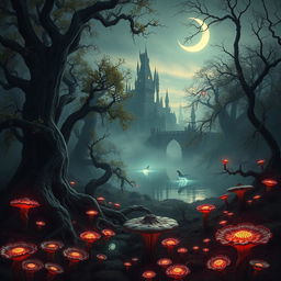 A fantastical landscape that merges elements of horror and fantasy