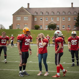 A scene set on the American football field at the University of Wales in 1991, featuring a mix of male and female players in vintage football gear