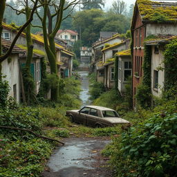 An abandoned old city, long devoid of inhabitants, where wild plants and moss have overtaken the streets and climbed the trees