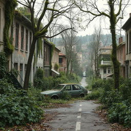 An abandoned old city, long devoid of inhabitants, where wild plants and moss have overtaken the streets and climbed the trees