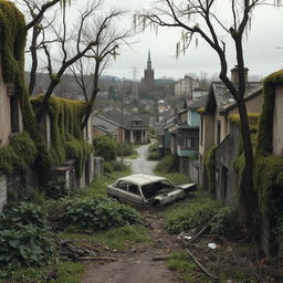 An abandoned old city, long devoid of inhabitants, where wild plants and moss have overtaken the streets and climbed the trees