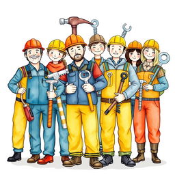 A delightful group of workers dressed in imaginative costumes resembling various tools, including hammers, keys, and screws