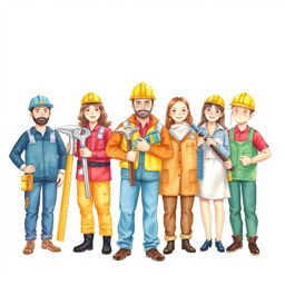 A delightful group of workers dressed in imaginative costumes resembling various tools, including hammers, keys, and screws