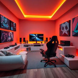 A stylish gamer room with a geometric theme, featuring sleek, angular furniture designs and sharp lines throughout