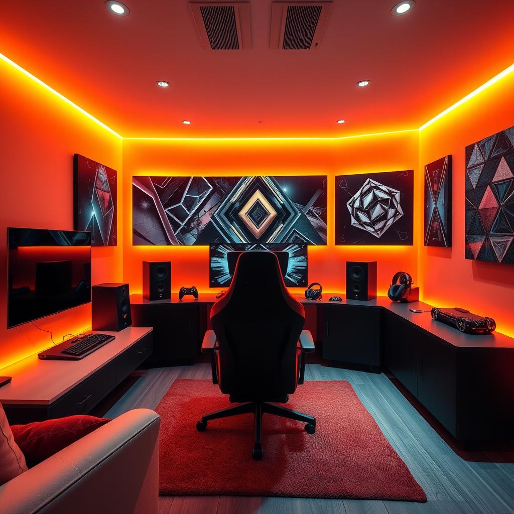 A stylish gamer room with a geometric theme, featuring sleek, angular furniture designs and sharp lines throughout