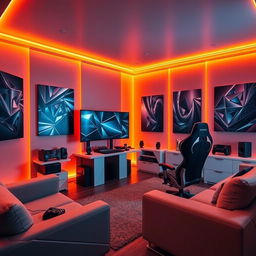 A stylish gamer room with a geometric theme, featuring sleek, angular furniture designs and sharp lines throughout