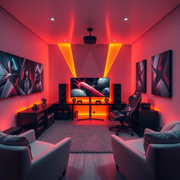 A stylish gamer room with a geometric theme, featuring sleek, angular furniture designs and sharp lines throughout