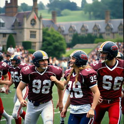 A dynamic sports scene set during an American football game at the University of Wales in 1991, capturing the essence of a romantic comedy