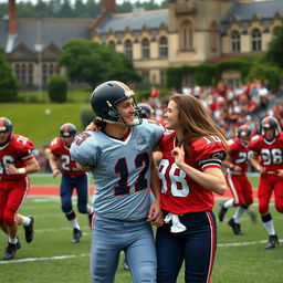 A dynamic sports scene set during an American football game at the University of Wales in 1991, capturing the essence of a romantic comedy