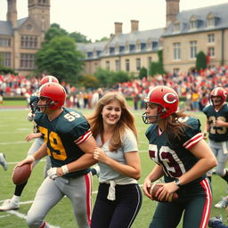 A dynamic sports scene set during an American football game at the University of Wales in 1991, capturing the essence of a romantic comedy