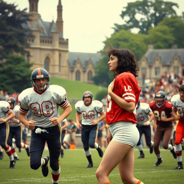 A dynamic sports scene set during an American football game at the University of Wales in 1991, capturing the essence of a romantic comedy