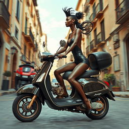 A steampunk landscape featuring a skinny black girl with long legs, wearing a black leather leotard with a décolleté, energetically racing a Vespa through the charming, narrow streets of old Naples