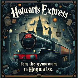 A captivating poster in the classic Harry Potter style, featuring a central artwork where the grand Hogwarts castle seamlessly transitions into the iconic Hogwarts Express train