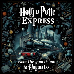 A captivating poster in the classic Harry Potter style, featuring a central artwork where the grand Hogwarts castle seamlessly transitions into the iconic Hogwarts Express train