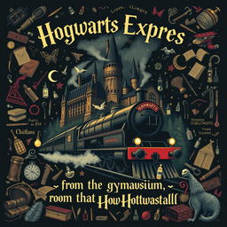 A captivating poster in the classic Harry Potter style, featuring a central artwork where the grand Hogwarts castle seamlessly transitions into the iconic Hogwarts Express train