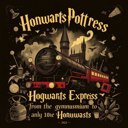 A captivating poster in the classic Harry Potter style, featuring a central artwork where the grand Hogwarts castle seamlessly transitions into the iconic Hogwarts Express train