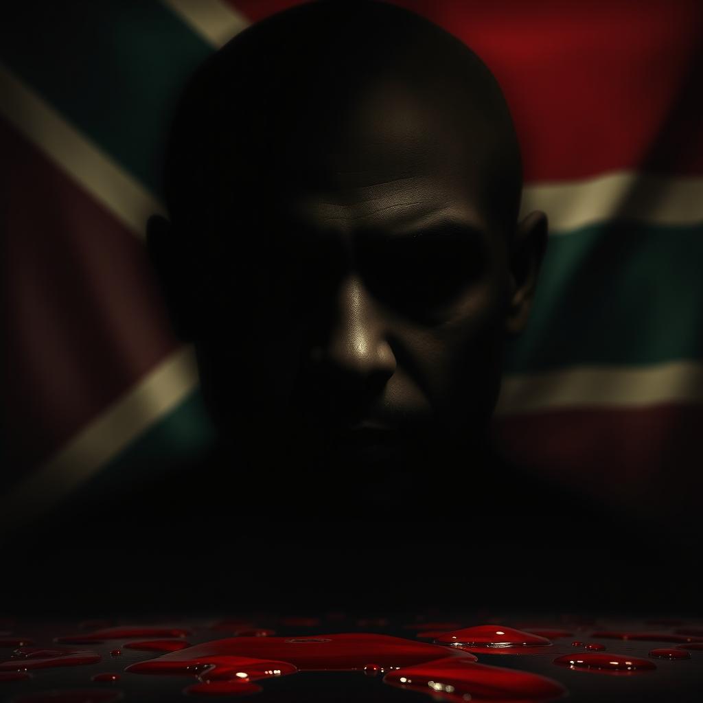 A shadowy face emerges against a backdrop of the South African flag, the colors of the flag softly diffused in the background