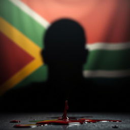 A shadowy face emerges against a backdrop of the South African flag, the colors of the flag softly diffused in the background