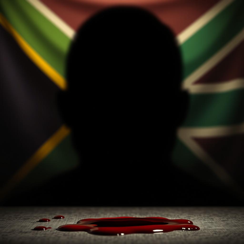 A shadowy face emerges against a backdrop of the South African flag, the colors of the flag softly diffused in the background