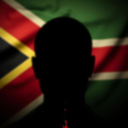 A shadowy face emerges against a backdrop of the South African flag, the colors of the flag softly diffused in the background