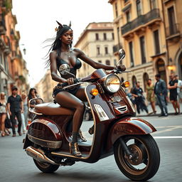 A steampunk scene showcasing a skinny black girl with long legs, sporting a black leather bikini with a décolleté, racing a Vespa through the picturesque streets of old Naples