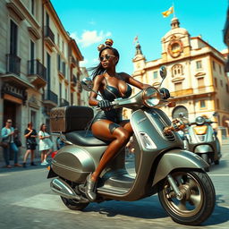 A steampunk scene showcasing a skinny black girl with long legs, sporting a black leather bikini with a décolleté, racing a Vespa through the picturesque streets of old Naples