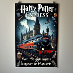 A captivating poster in the classic Harry Potter style, featuring a central artwork where the grand Hogwarts castle seamlessly transitions into the iconic Hogwarts Express train