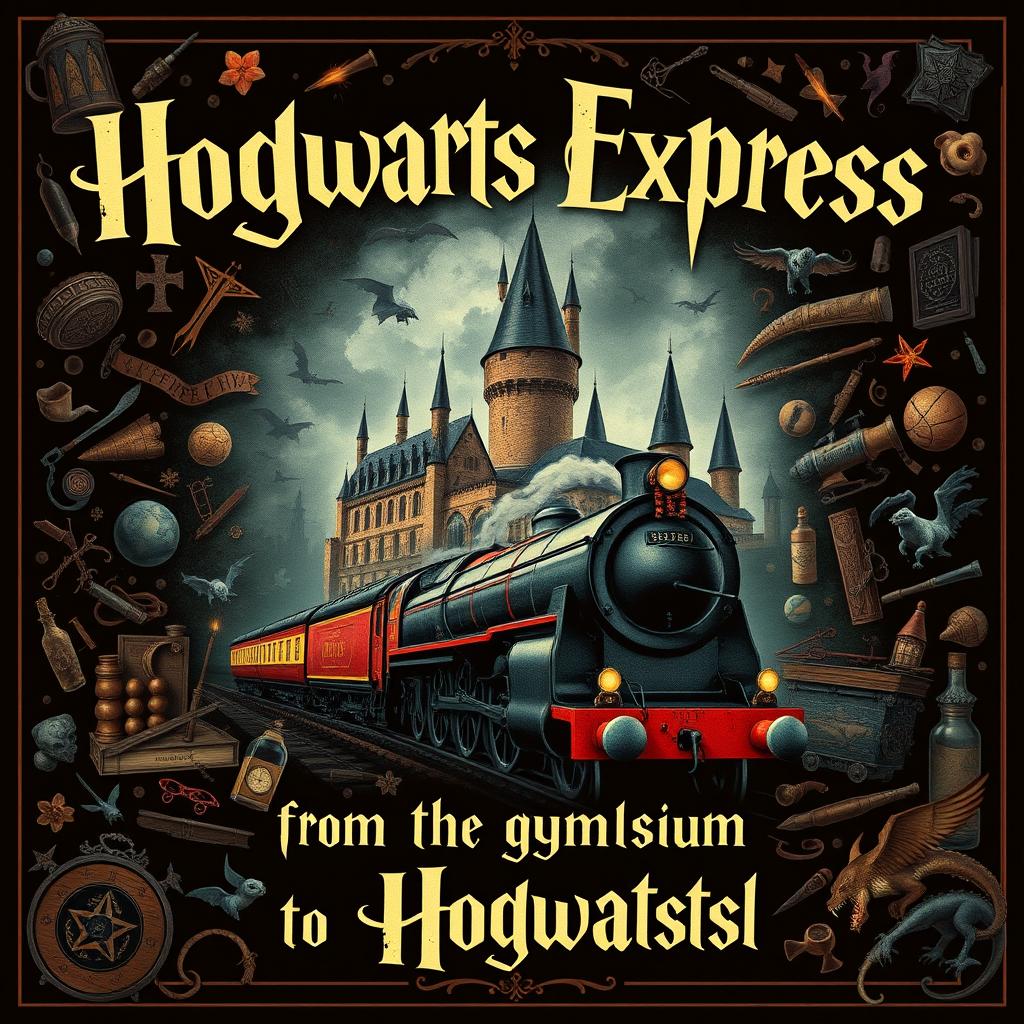 A captivating poster in the classic Harry Potter style, featuring a central artwork where the grand Hogwarts castle seamlessly transitions into the iconic Hogwarts Express train