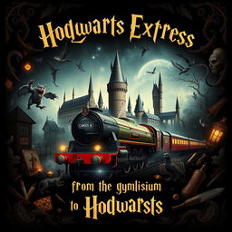 A captivating poster in the classic Harry Potter style, featuring a central artwork where the grand Hogwarts castle seamlessly transitions into the iconic Hogwarts Express train