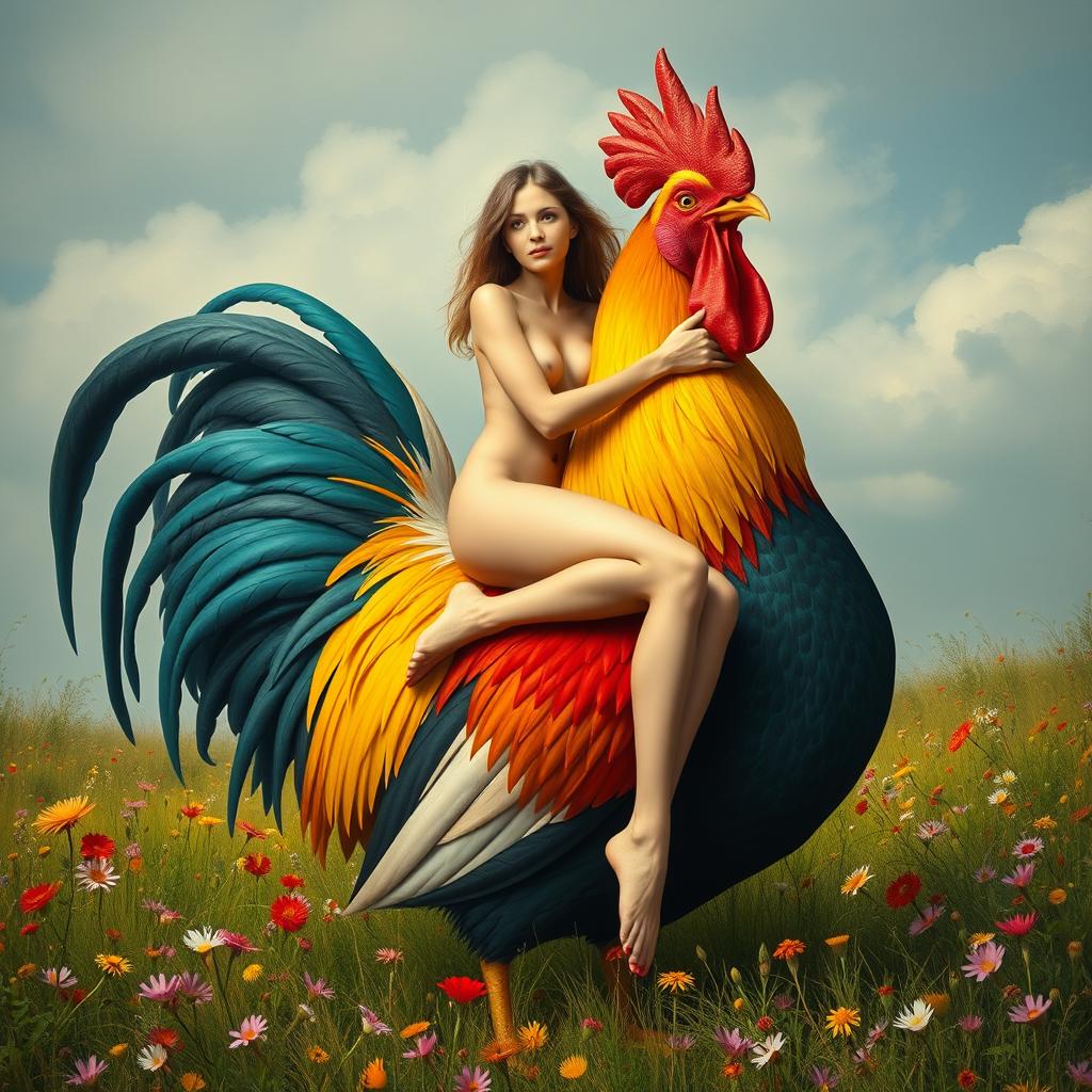 A naked woman artistically sitting on an oversized rooster, with humorous and surreal elements